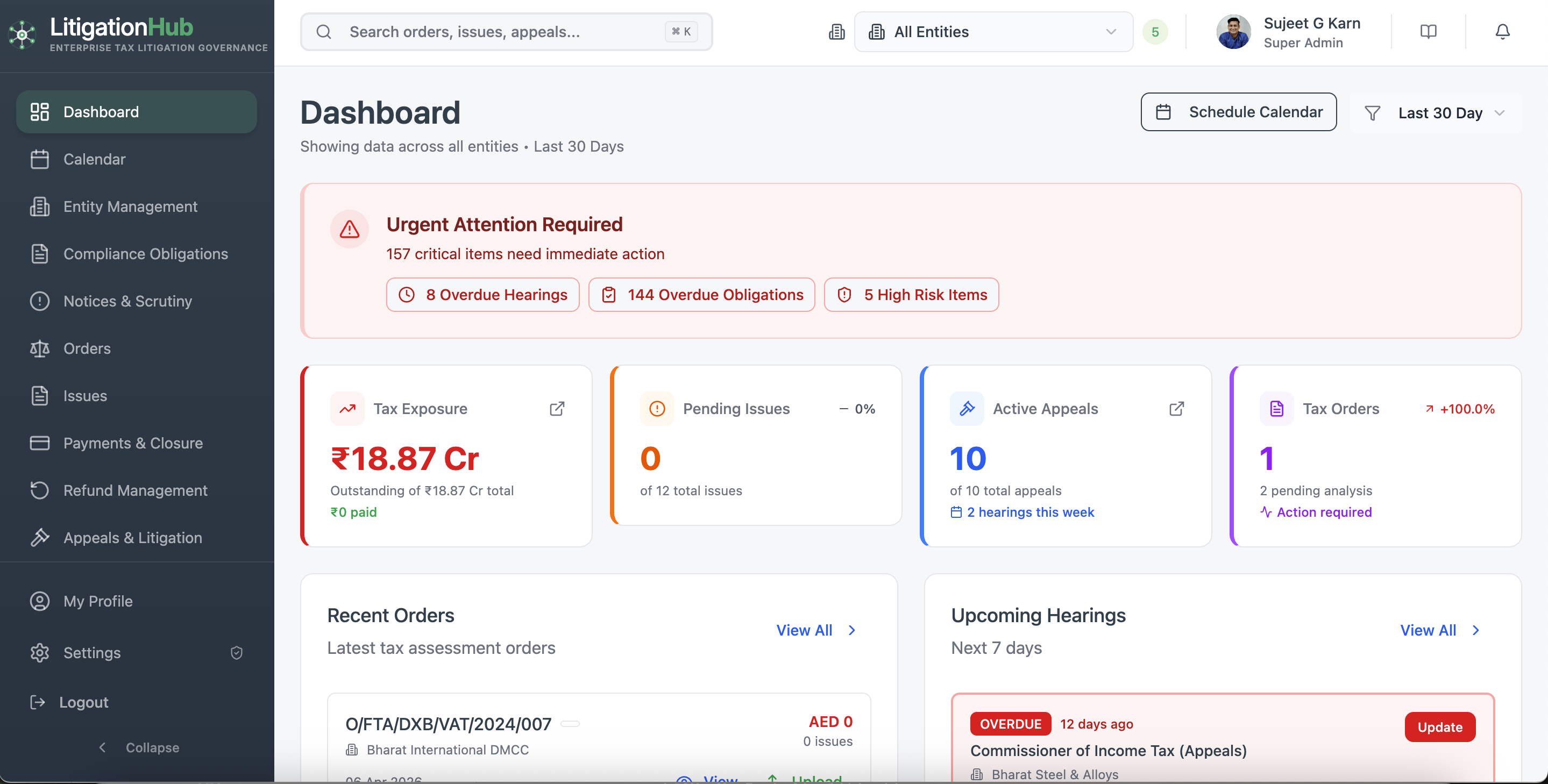 Litigation Hub Dashboard — Real-time executive overview with KPIs, entity-wise analytics, and compliance tracking